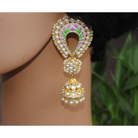 White Pink Enamel Pearly Jhumkas